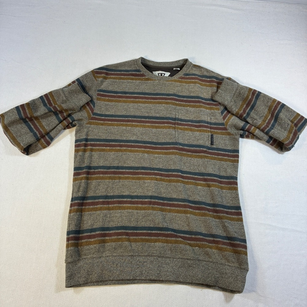 Vissla Mens Large L Long Sleeve Striped Crew Neck Pocket Shirt Gray Brown Surf